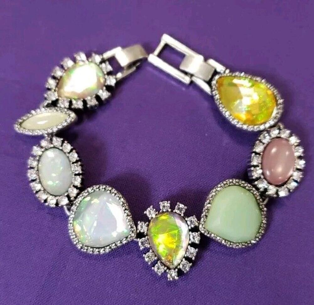 Chain Link Bracelet Green Yellow Pink Iridescent Simulated Opals & Rhinestones